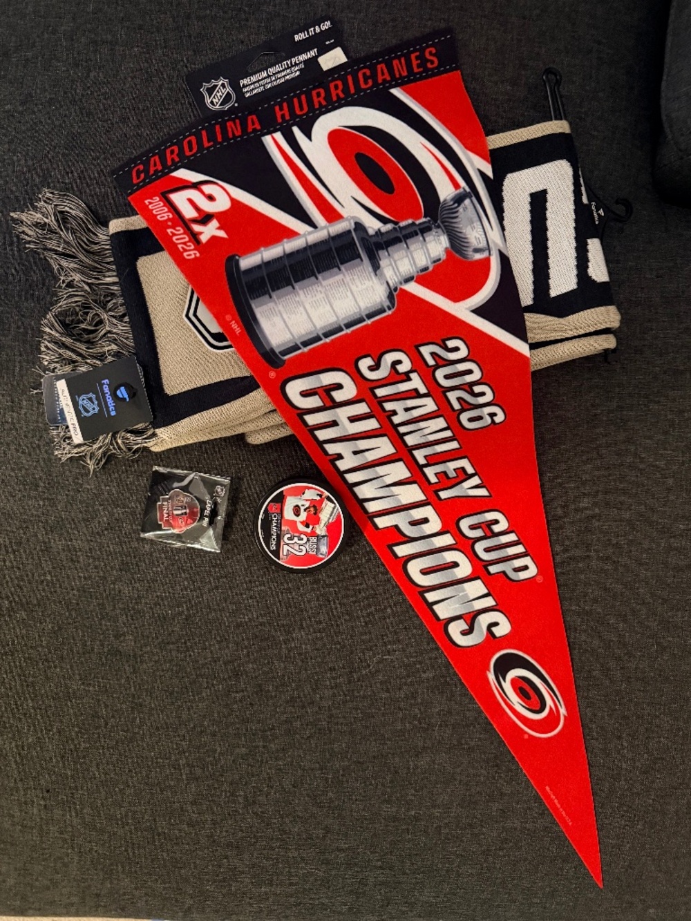 NWT 2026 Stanley Cup Carolina Hurricanes scarf, pennant, pin and puck